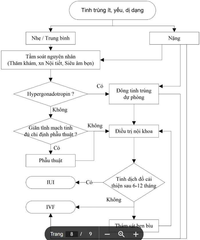 Lưu đồ xử trí tinh trùng yếu, ít, dị dạng